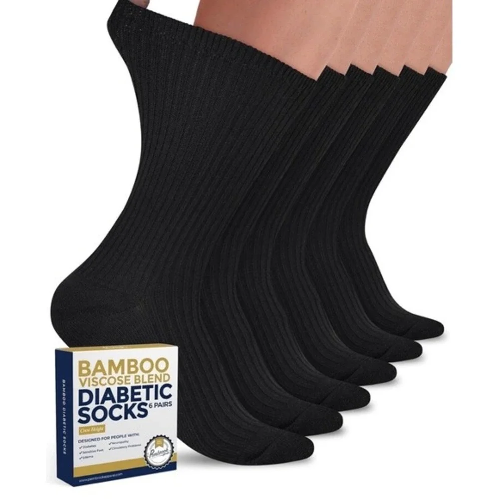 Pembrook‎ Bamboo Diabetic Socks  6 Pairs Crew Length  Sz Medium Black